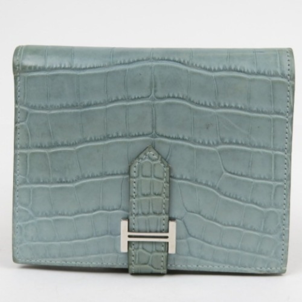 HERMES Bearn SV Bifold Wallet Crocodile Alligator Matte Blue